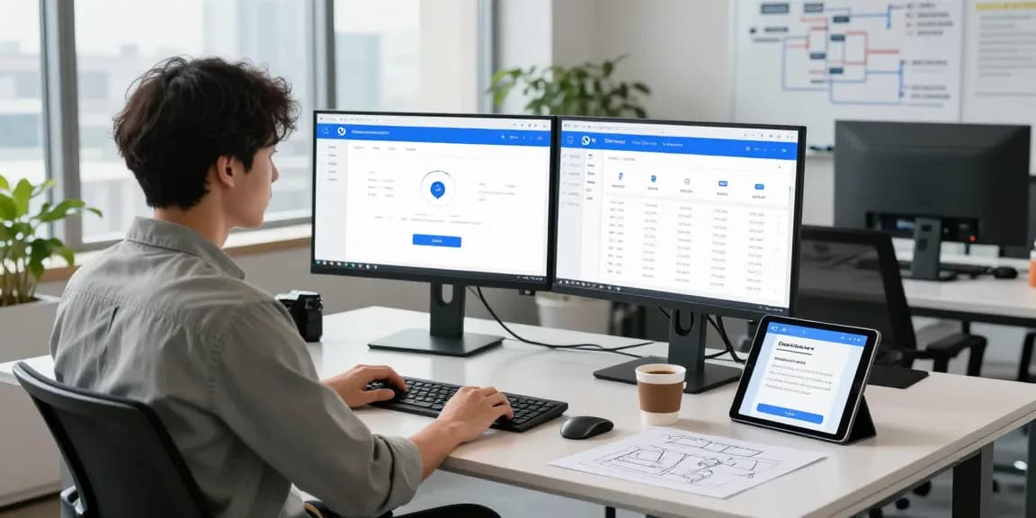 Age verification system interface displayed on dual monitors in a professional tech office.