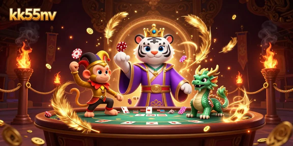 Engage with kk55nv’s dynamic casino scene featuring a royal tiger, poker chips, and golden elements.