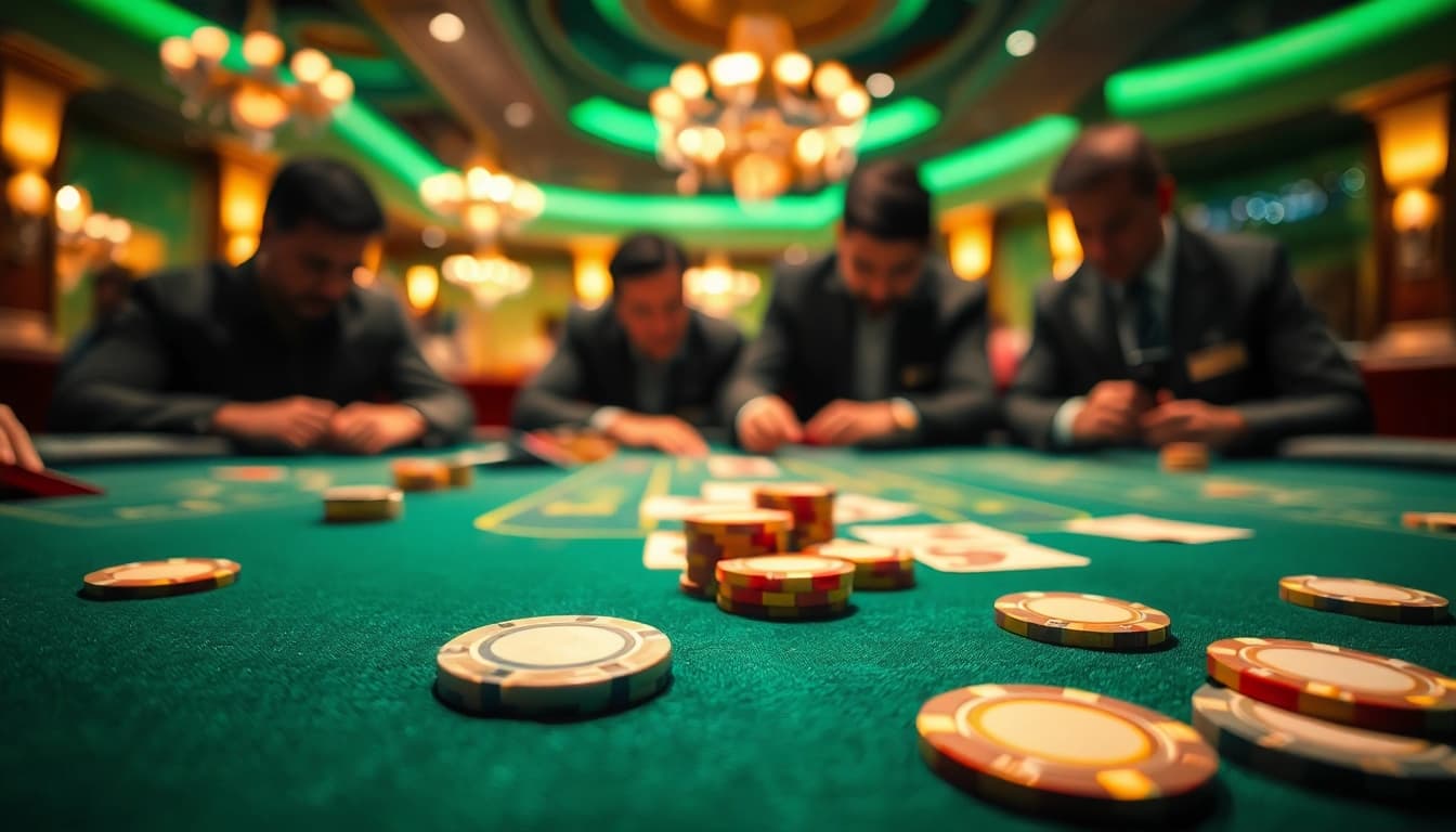 Uji Akun Depo 5k pada meja kasino yang meriah dengan chip dan kartu bersinar.