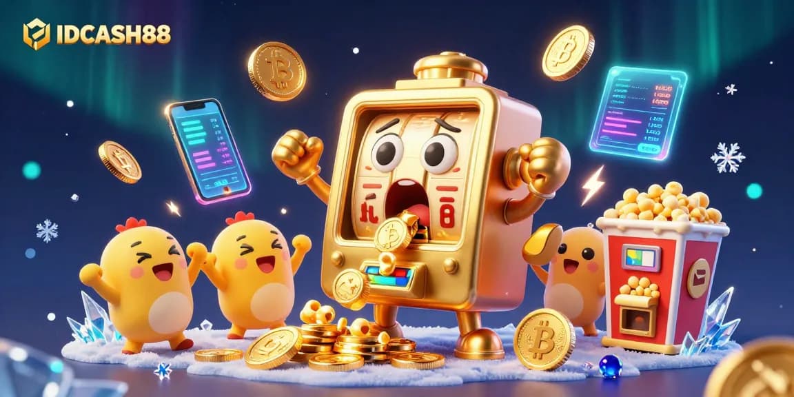 Experience thrilling wins at IDCASH88 with this vibrant 3D slot machine scene celebrating a jackpot.