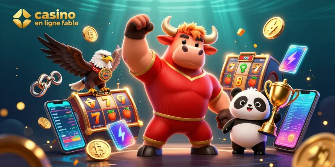 Vivez des sensations fortes au casino en ligne fiable avec une illustration 3D vibrante de personnages gagnants et d'éléments de jeu.