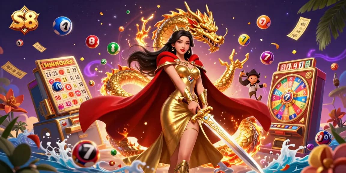 S8 casino scene depicting an Asian warrior queen amid vibrant gaming elements like lottery balls and spinning reels.