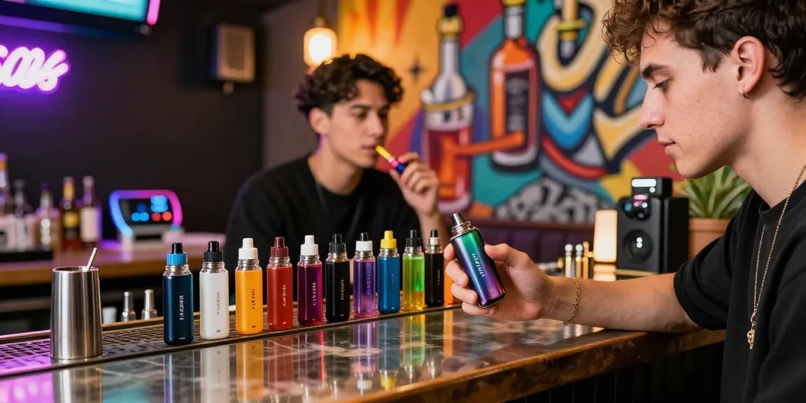 Engaging scene of a young adult showcasing an innovative 電子菸主機 in a trendy vape lounge atmosphere.