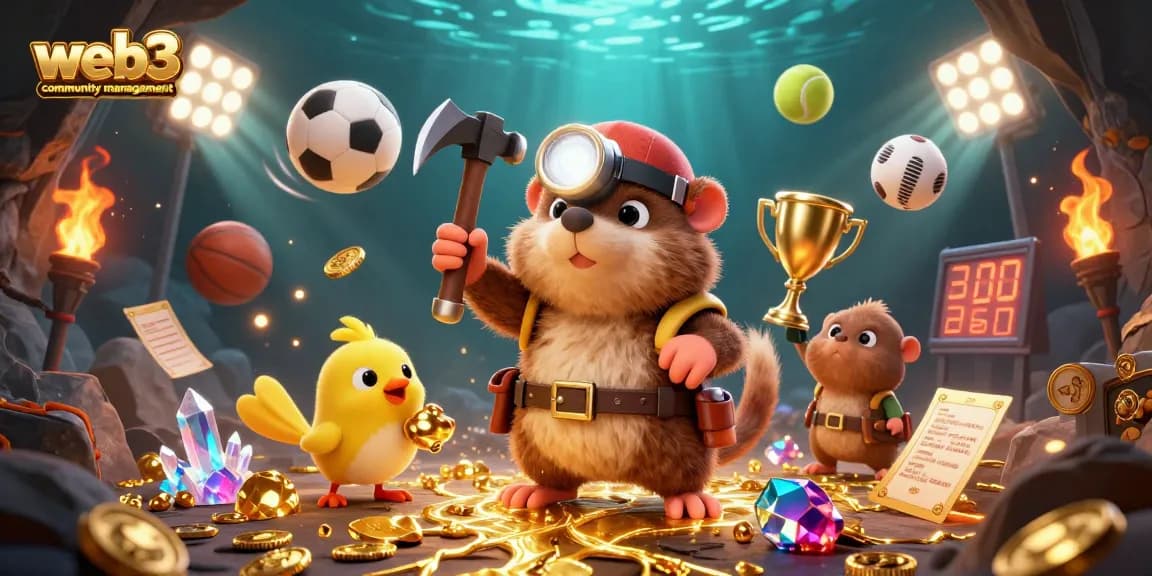 Engage in strategic web3 community management with vibrant sports symbols and glowing treasures.