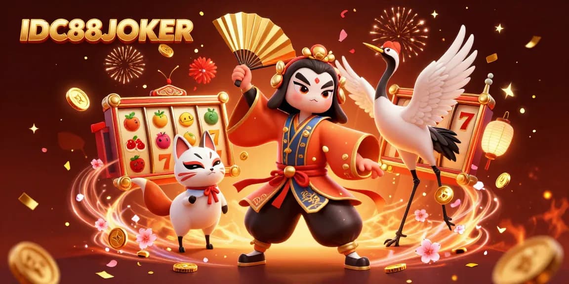 Play and win big with IDC88JOKER in this vibrant scene featuring a kabuki warrior and slot reels.