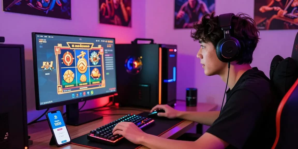 Engaged gamer using slot depo 1000 for online gaming in a colorful gaming setup.