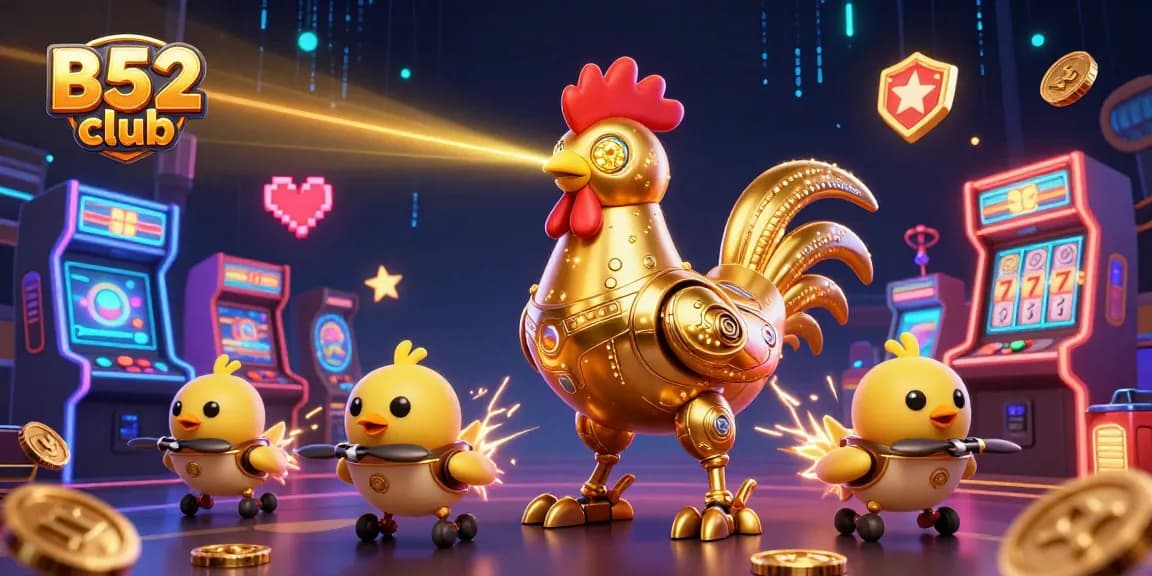 B52 club's golden rooster robot surrounded by dynamic casino game elements, showcasing excitement and fun.