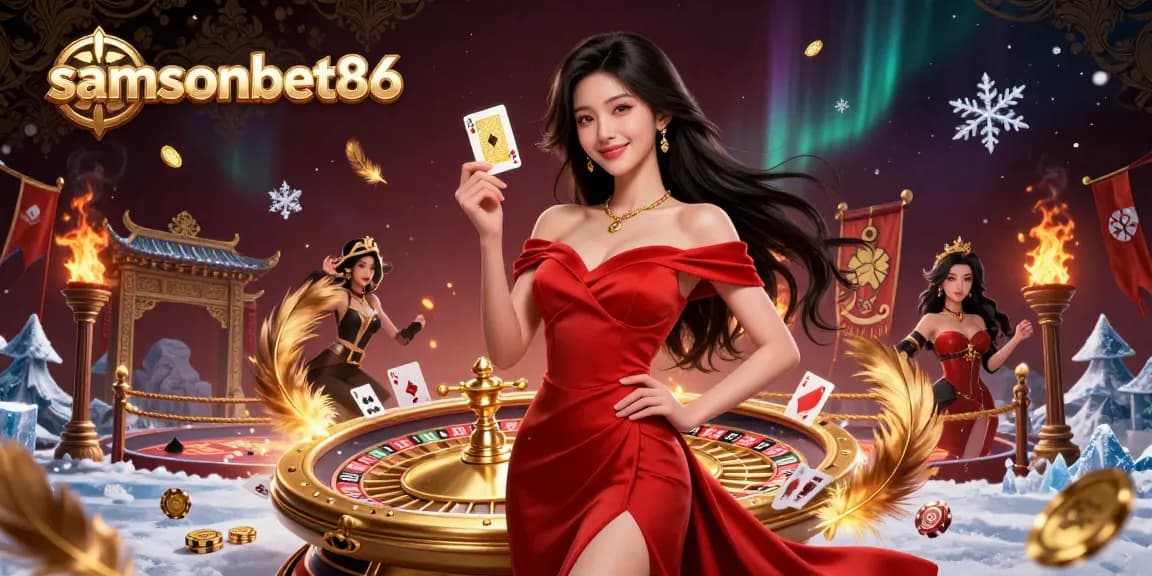 Spin the roulette with samsonbet86, showcasing a glamorous casino scene with a confident dealer holding playing cards.