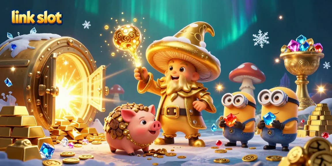 Experience the excitement with link slot as characters unleash treasure magic in a vibrant casino scene.