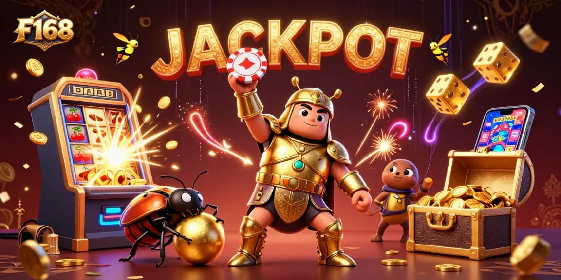 Experience the excitement of F168 with dynamic 3D characters celebrating a jackpot moment in the casino.
