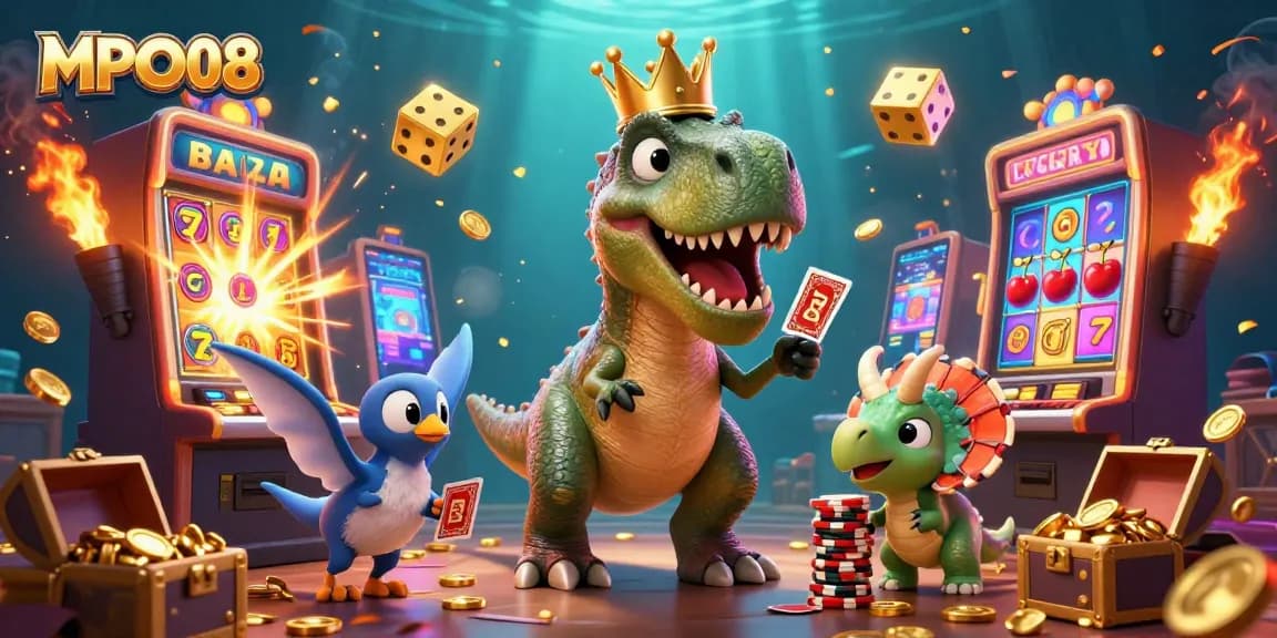 MPO08 slots and jackpots scene with cartoon dinosaurs at a casino, shuffling cards and stacking chips.