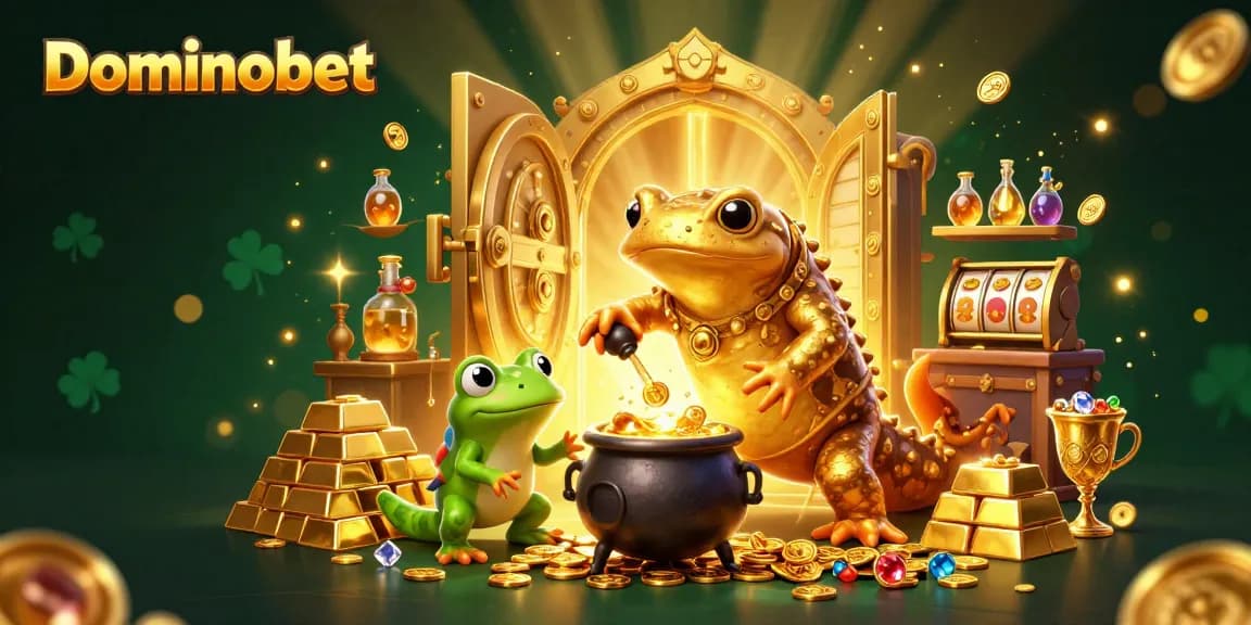 Experience high-energy gaming action with Dominobet's vibrant 3D illustration of magical alchemy and slot excitement.