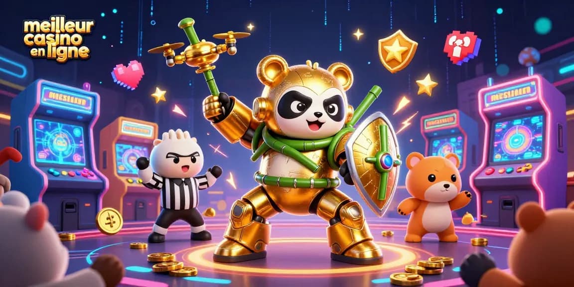 Visuel dynamique d’un meilleur casino en ligne avec un panda pilote et des machines de jeu colorées, captivant l'attention des joueurs.