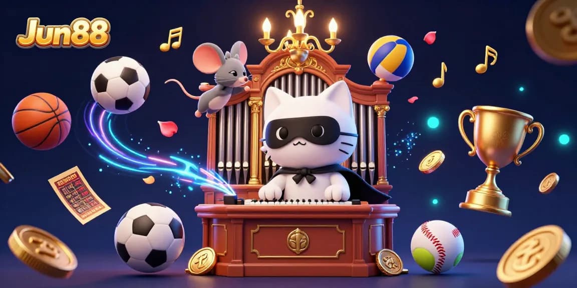 Experience thrilling gaming at Jun88 with a lively scene featuring a charming cat and mouse acrobat.