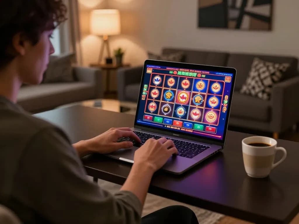 Enjoying online casinos in Canada with vibrant gameplay on a laptop in a cozy home setting