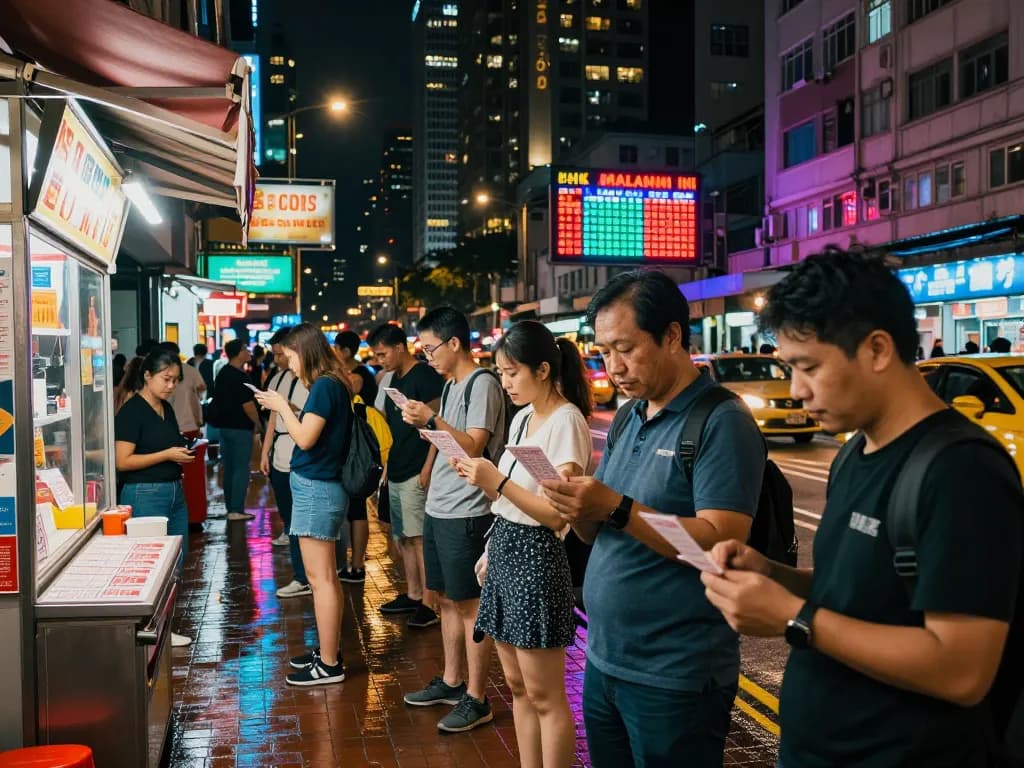 Excitement in the urban nightlife as players check HK Malam Ini lottery results in a vibrant scene.