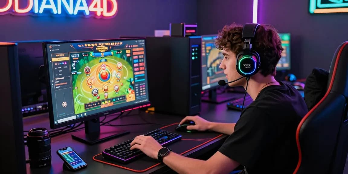 Seorang gamer terfokus memainkan permainan togel online DIANA4D di meja gaming dengan aksesori modern.