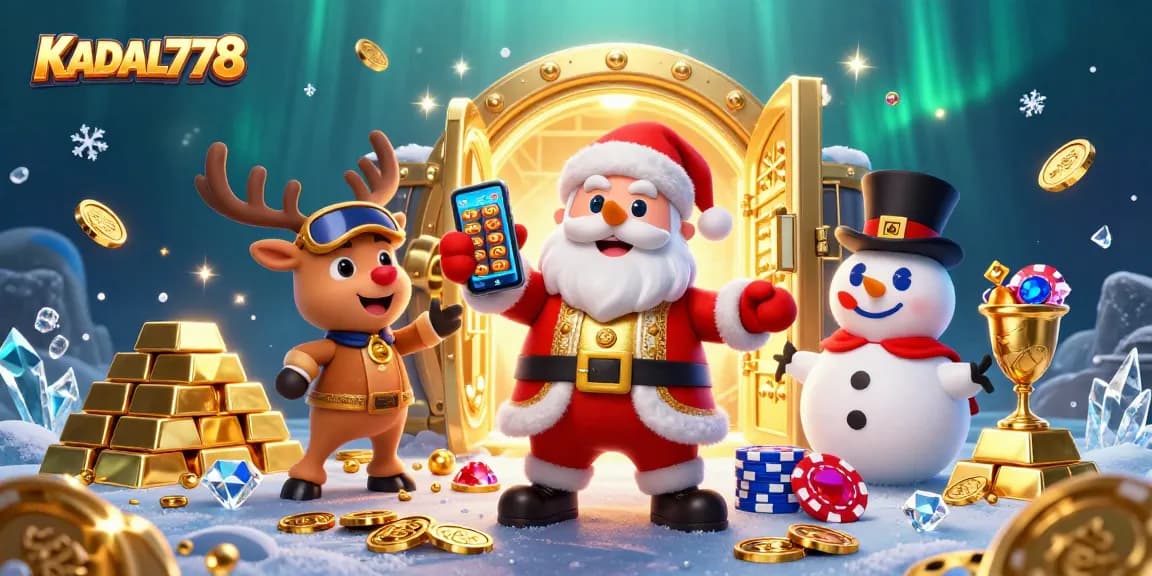 Win big at KADAL778 with a dazzling casino scene featuring festive characters and rich treasures!