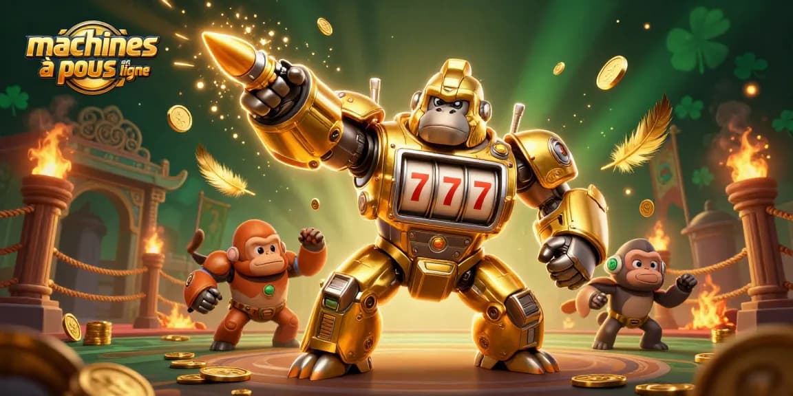 Jouez aux machines à sous en ligne avec cette illustration amusante mettant en vedette un gorille en mécha d'or.