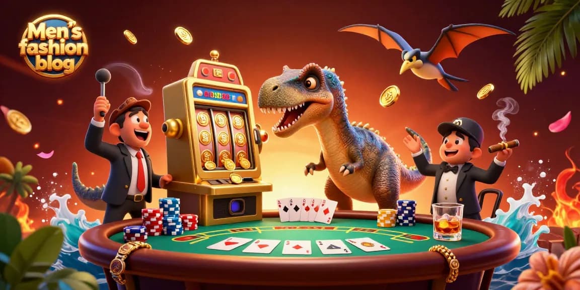 Men’s fashion blog showcases a cartoon dinosaur hitting a jackpot slot machine amidst a vibrant casino scene.