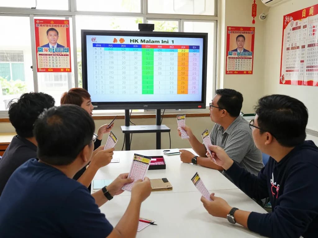 Excited players analyzing HK Malam Ini results together in a vibrant community setting.