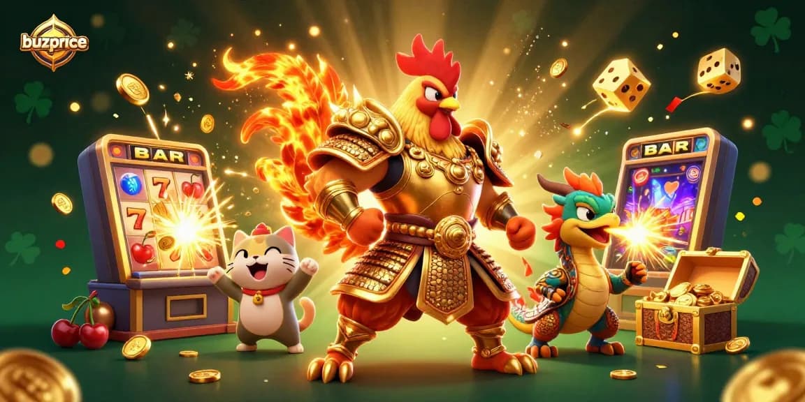 Engage in winning strategies at buzprice with vibrant 3D casino battle featuring rooster and dragon warriors.