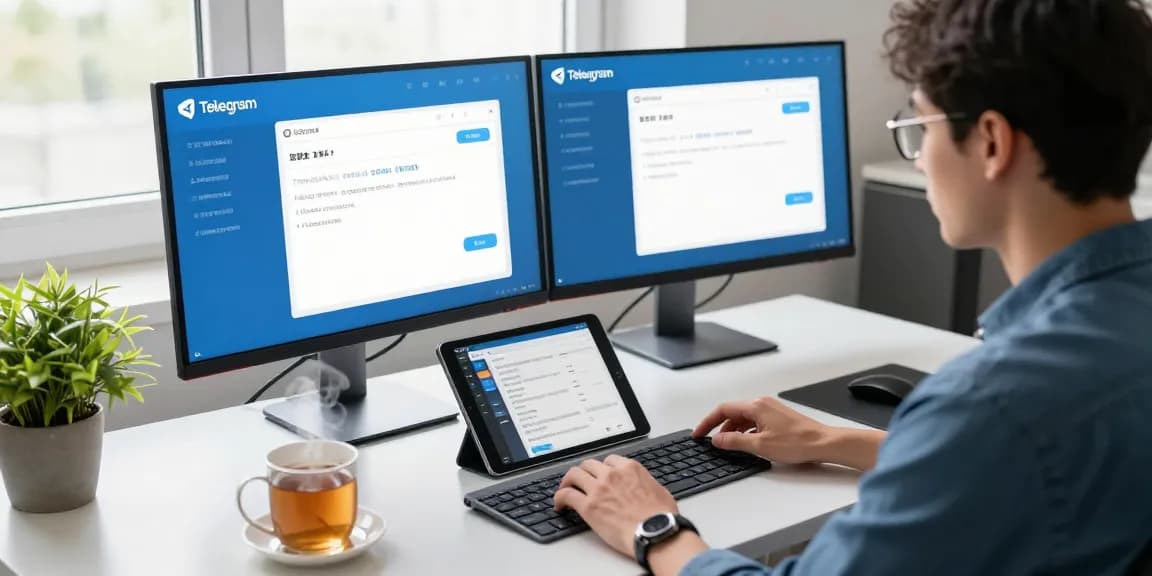Scene of Telegram Chinese usage 2026 in a modern workspace with a translator customizing settings on dual monitors, reflecting user-friendly interface designs.