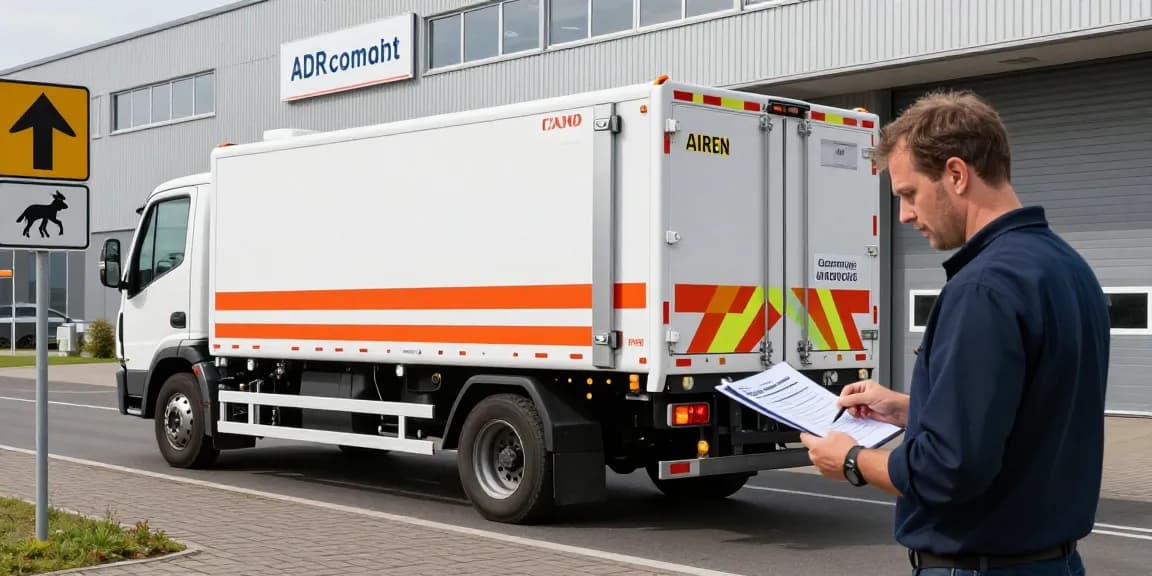 Batterie Transport in Dortmund: ADR-konformes Logistikfahrzeug im Einsatz, Fahrer überprüft Sicherheitsdokumente.