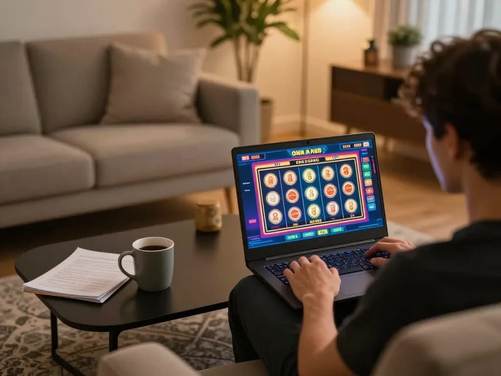 Player enjoying rik vip online slots at home with strategy notes and coffee