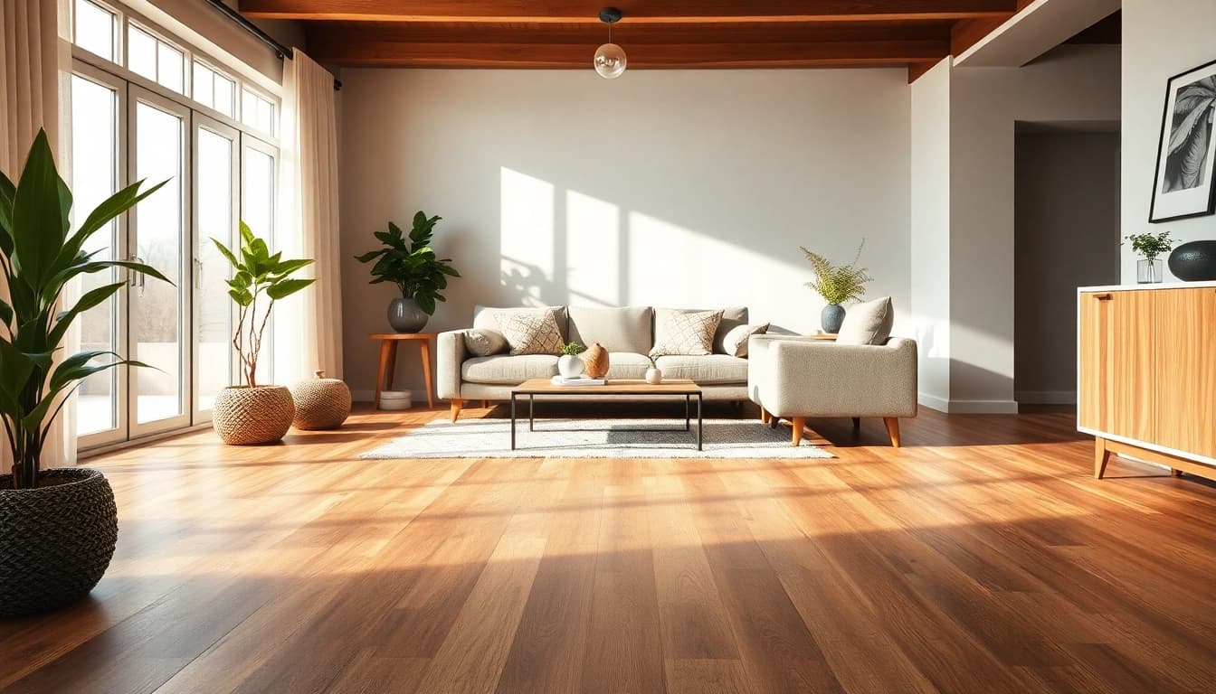 Showcasing elegant vinyl plank flooring in a modern living room setting, highlighting its stylish appeal.