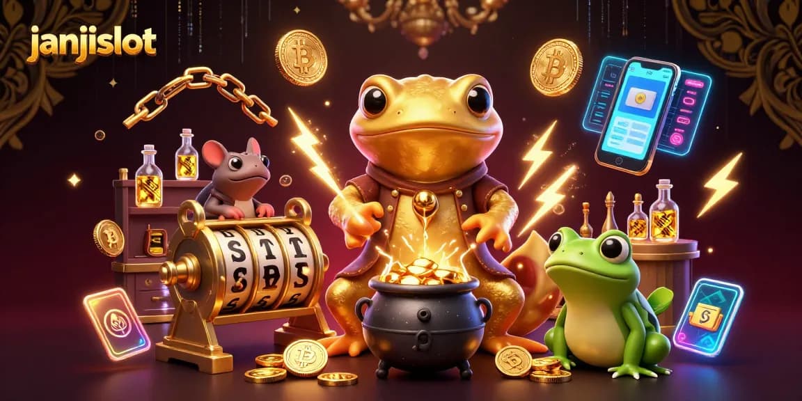 Engage in thrilling wagering at janjislot with a vivid 3D casino scene featuring alchemists and digital elements.