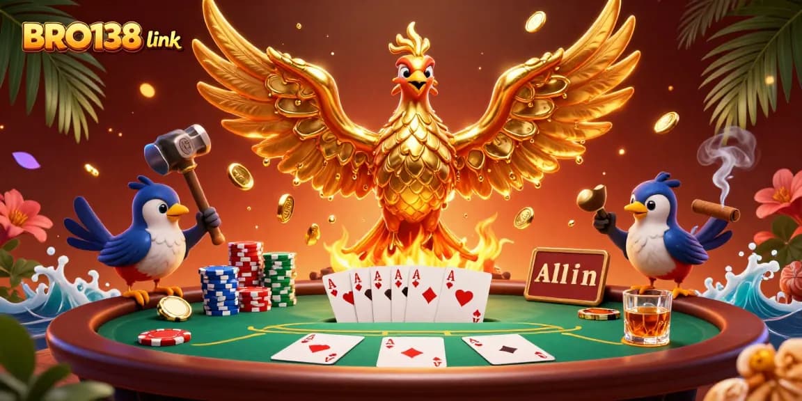 Experience thrilling gaming at BRO138 link with a vibrant scene featuring a molten golden phoenix and poker elements.