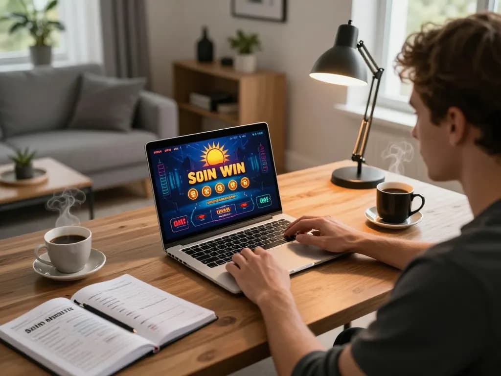 Engaged player using sun win online casino, focusing on gaming strategy with laptop in a cozy home setting.