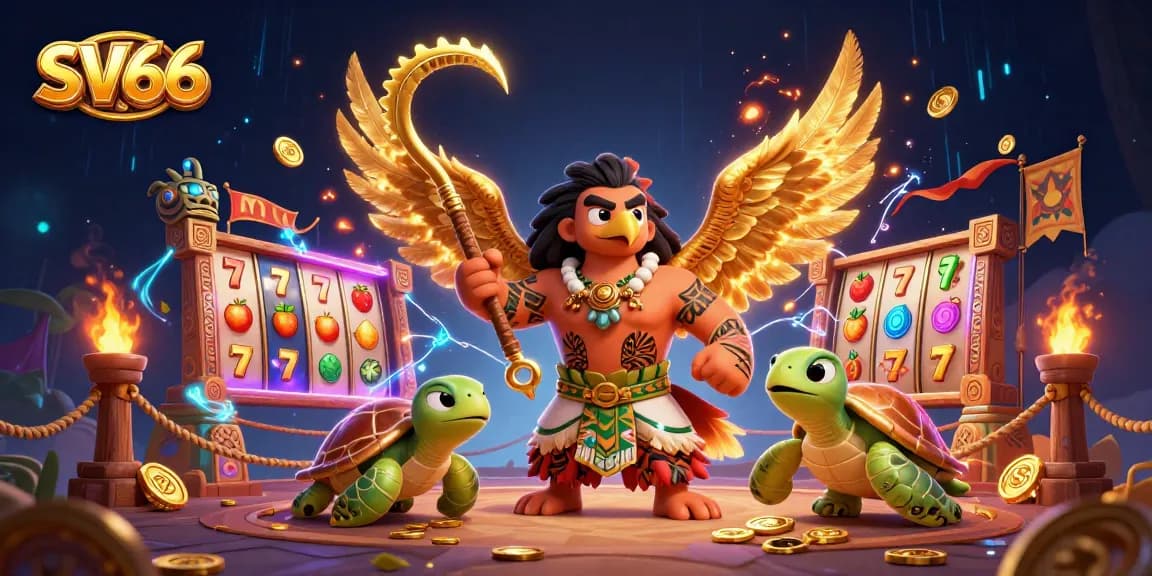 Experience the excitement of SV66 with a vibrant online casino scene featuring a demigod and slot games.