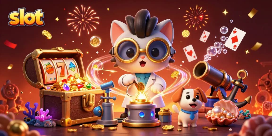Spin the slot machine with the mad scientist and his dog, surrounded by gold coins and treasures.