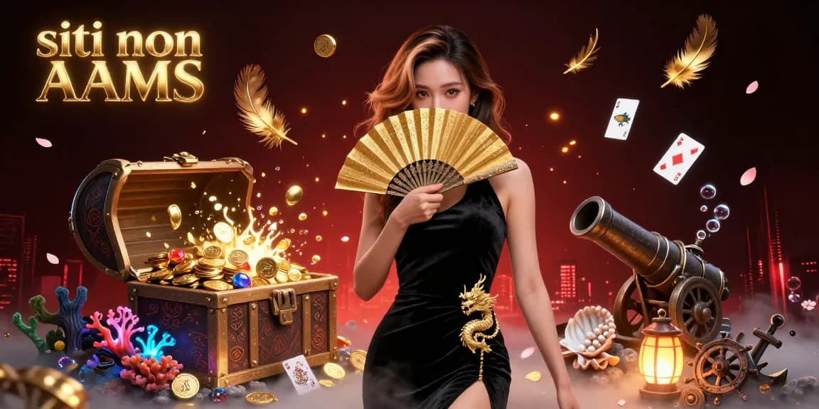 Illustrazione coinvolgente di "siti non AAMS" con una donna asiatica seducente, elementi flottanti e tesori di gioco.