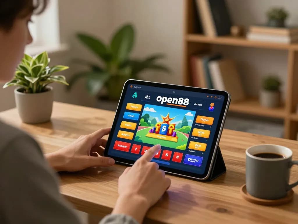 Engage with open88 casino app on tablet, showcasing a cozy home gaming setup.