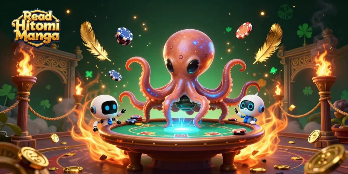 Engage in thrilling gaming excitement as you Read Hitomi Manga with an octopus dealer at a cosmic poker table.