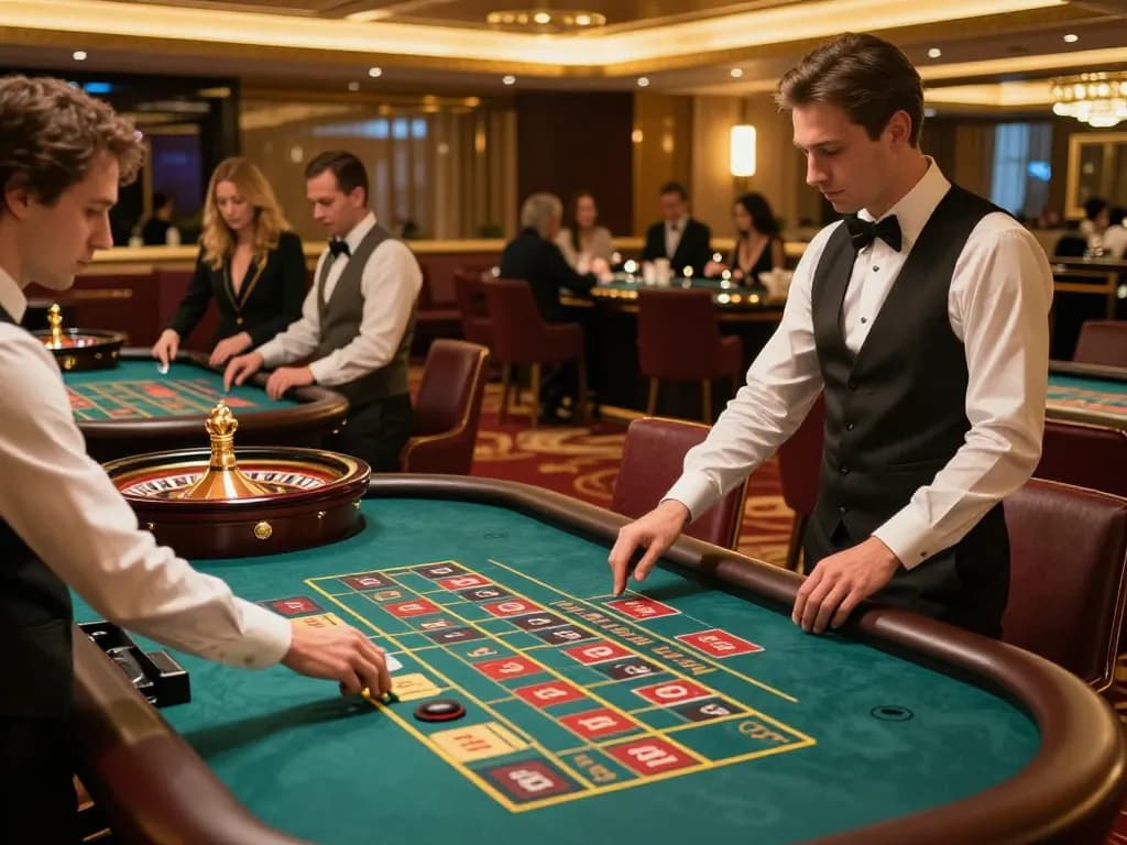 LUCK8 players placing bets at roulette tables in an upscale casino atmosphere.