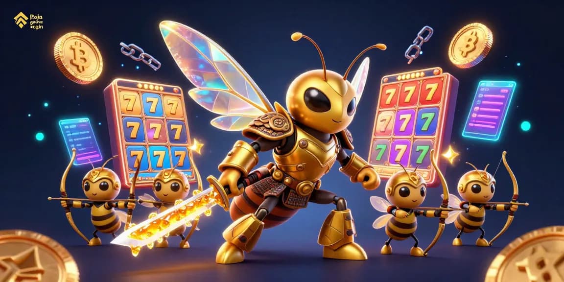 Join the fun at Raja game login with an exciting illustration featuring a giant hornet and thrilling slot elements.