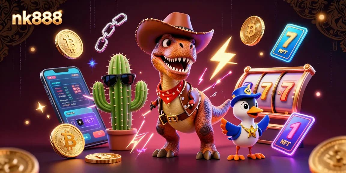 Win big with nk888 in this vibrant and dynamic casino-themed illustration featuring lively characters.