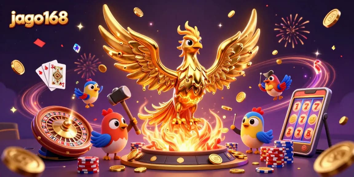 Experience thrilling wins at jago168, where a golden phoenix and sparkling coins light up the gaming world.