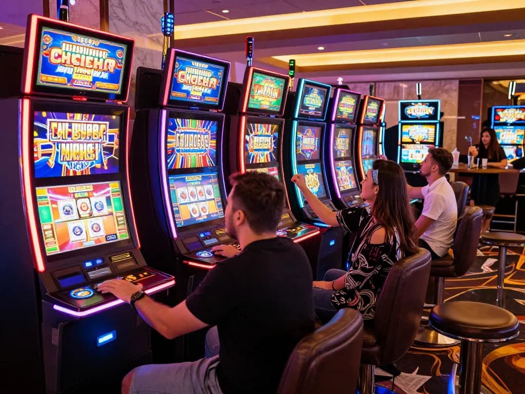 Engaging players celebrating at slot machines with minimal deposit options like slot depo 1k.