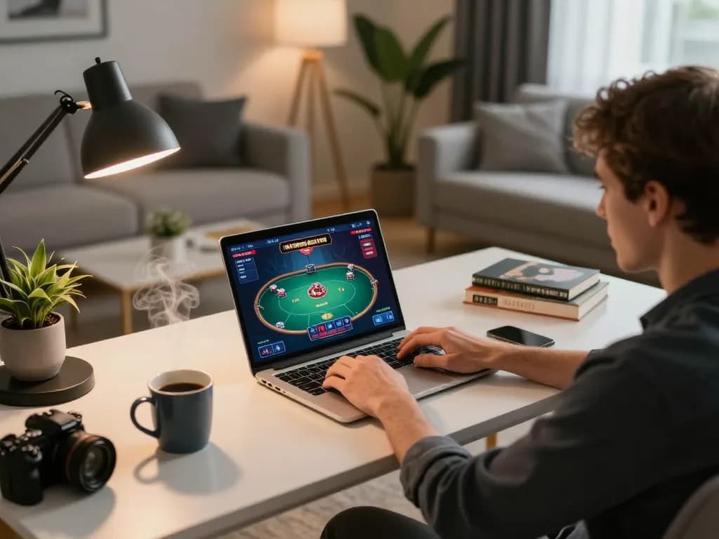 Engaging in online poker gaming with link lc88 while seated at a modern desk