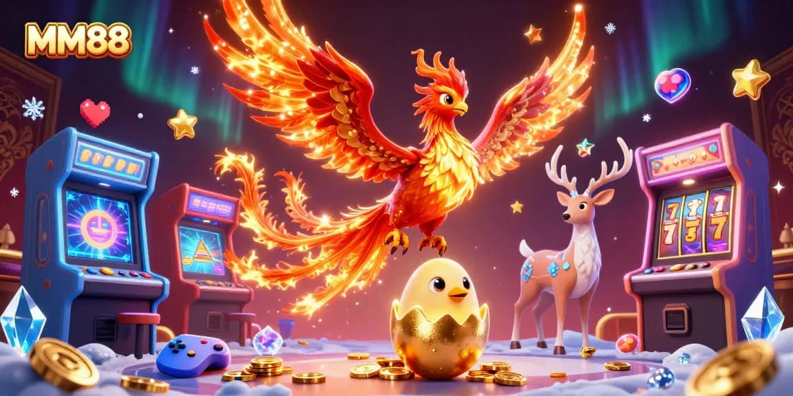 Engage with exciting MM88 slots surrounded by vibrant casino elements featuring a phoenix and mystical stag.