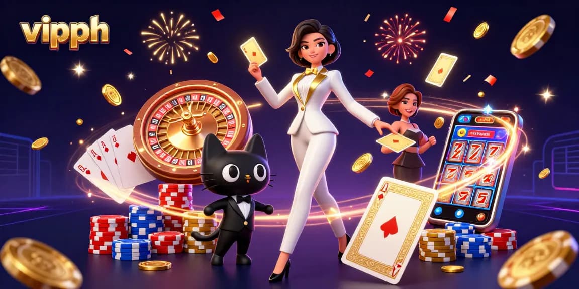 Experience the excitement of vipph with a glamorous casino scene featuring a stylish dealer and vibrant gaming elements.