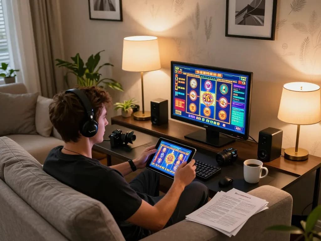 Player enjoying a thrilling slot game on a tablet in a cozy home setting
