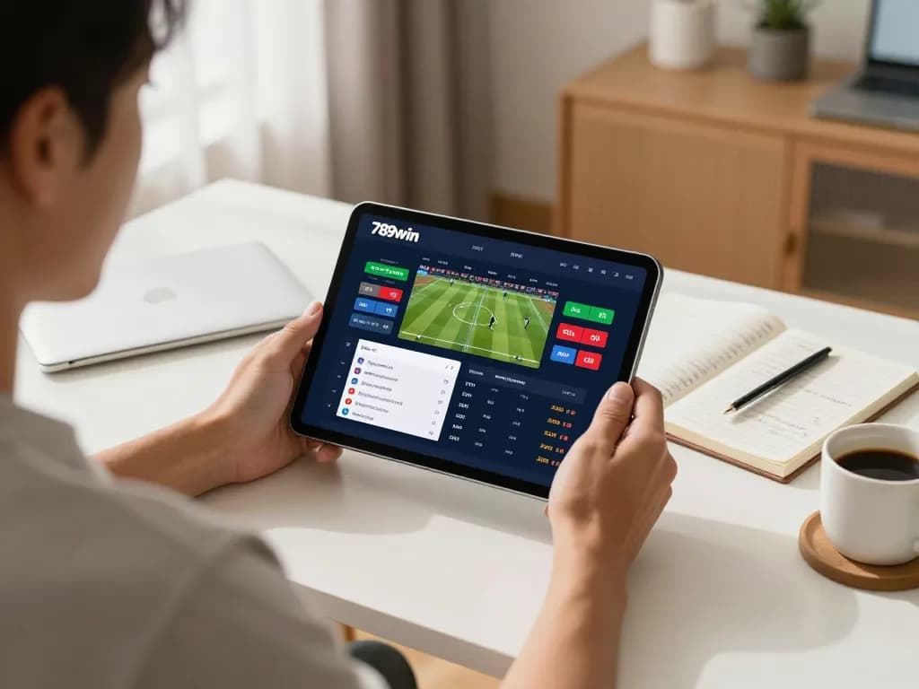 Using the app 789win for sports betting in a stylish home office setting.