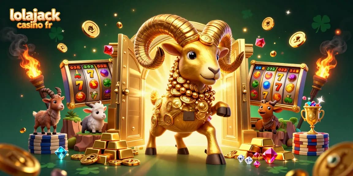 Experience the excitement with lolajack casino fr as a golden ram charges towards a treasure vault filled with riches and slot elements.