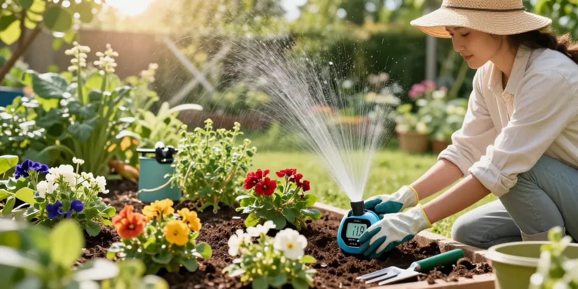 Efficient watering system with rainpoint sprinkler timer in a vibrant garden scene.